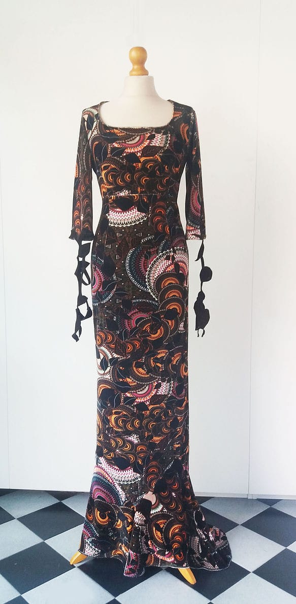 Abito in ciniglia stampata "foglie", design Lo Spazio dell'Arte e Sartoria