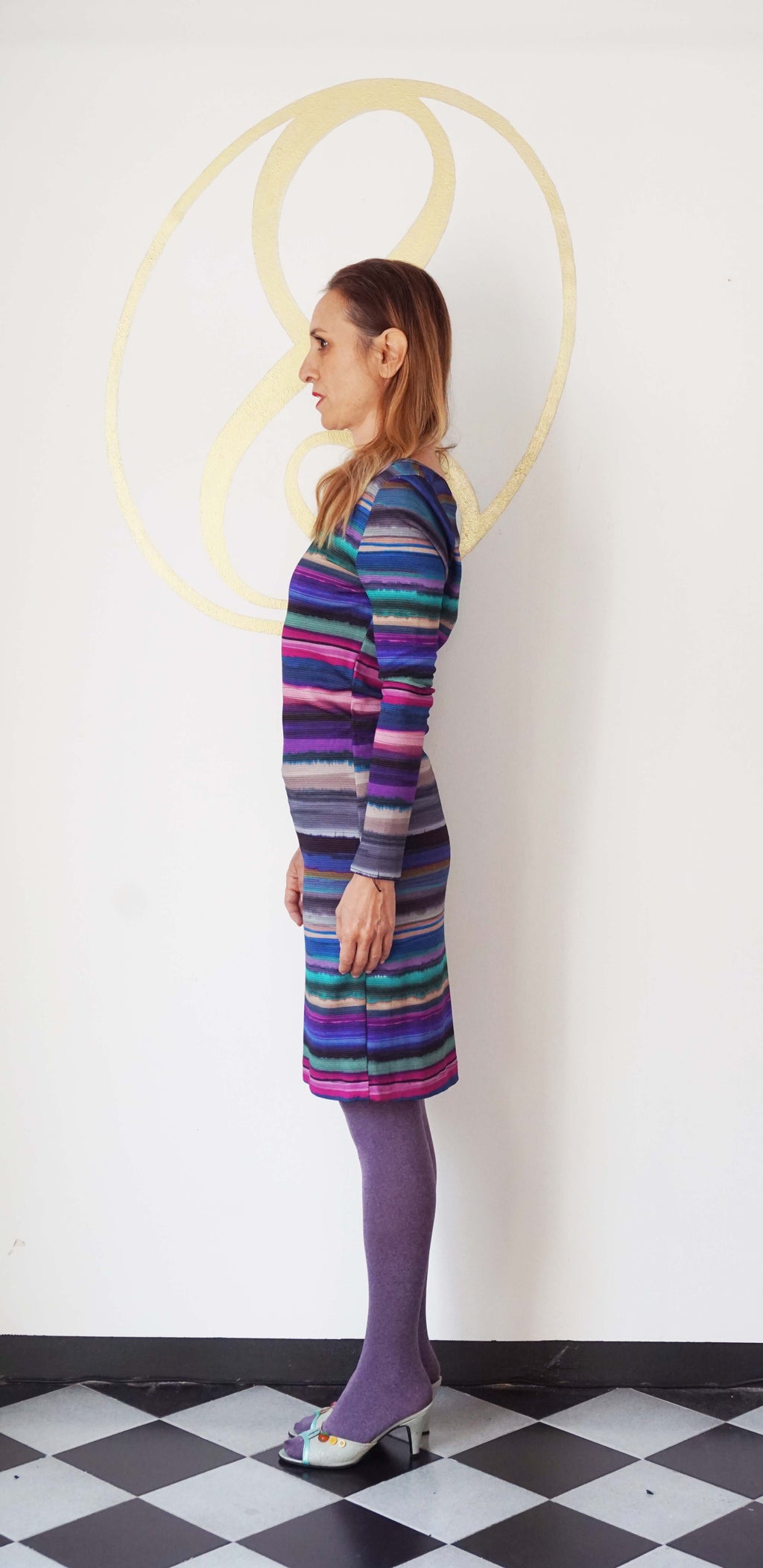 Abito tubino corto a maniche lunghe, righe effetto acquarello Design Lo Spazio dell'Arte e Sartoria