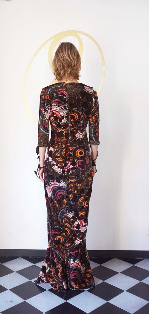 Abito in ciniglia stampata "foglie", design Lo Spazio dell'Arte e Sartoria