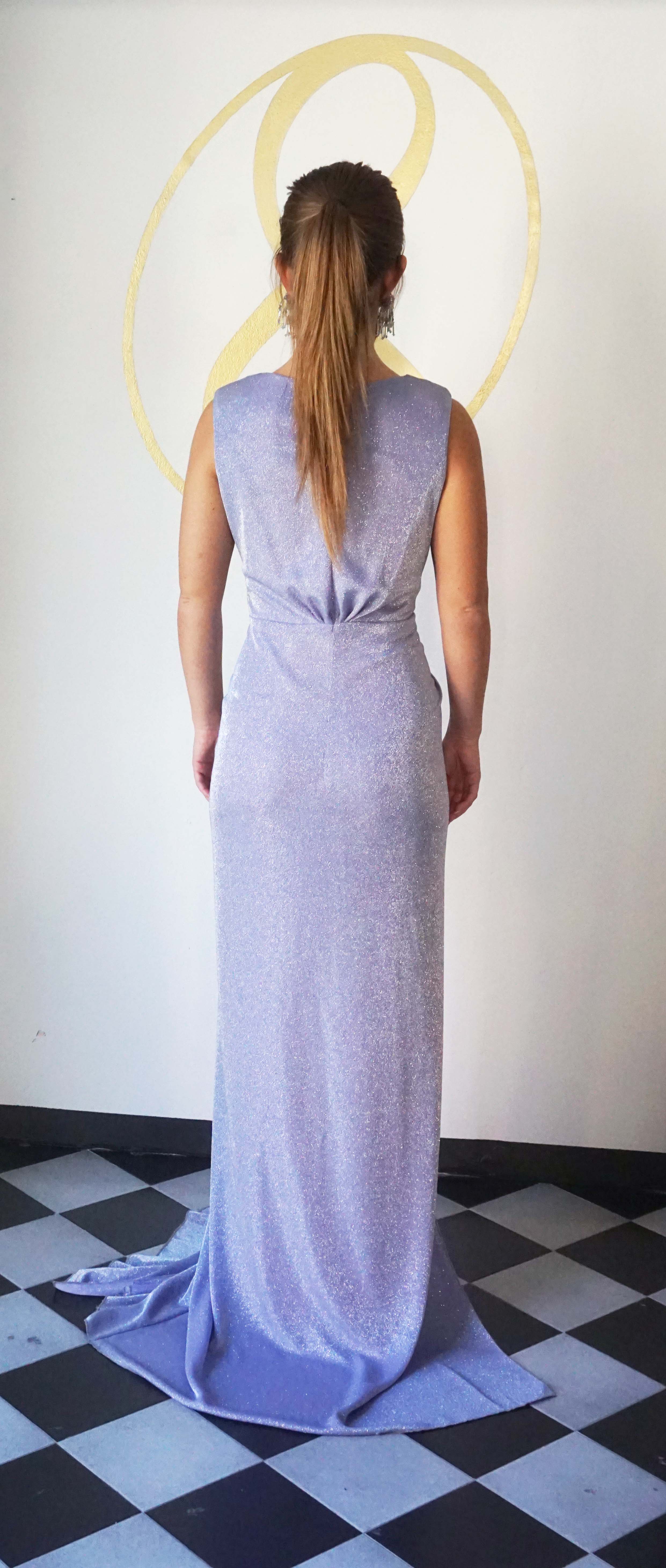 Abito lungo Drappeggiato da Cerimonia color Glicine in Maglina di lurex con Spacco