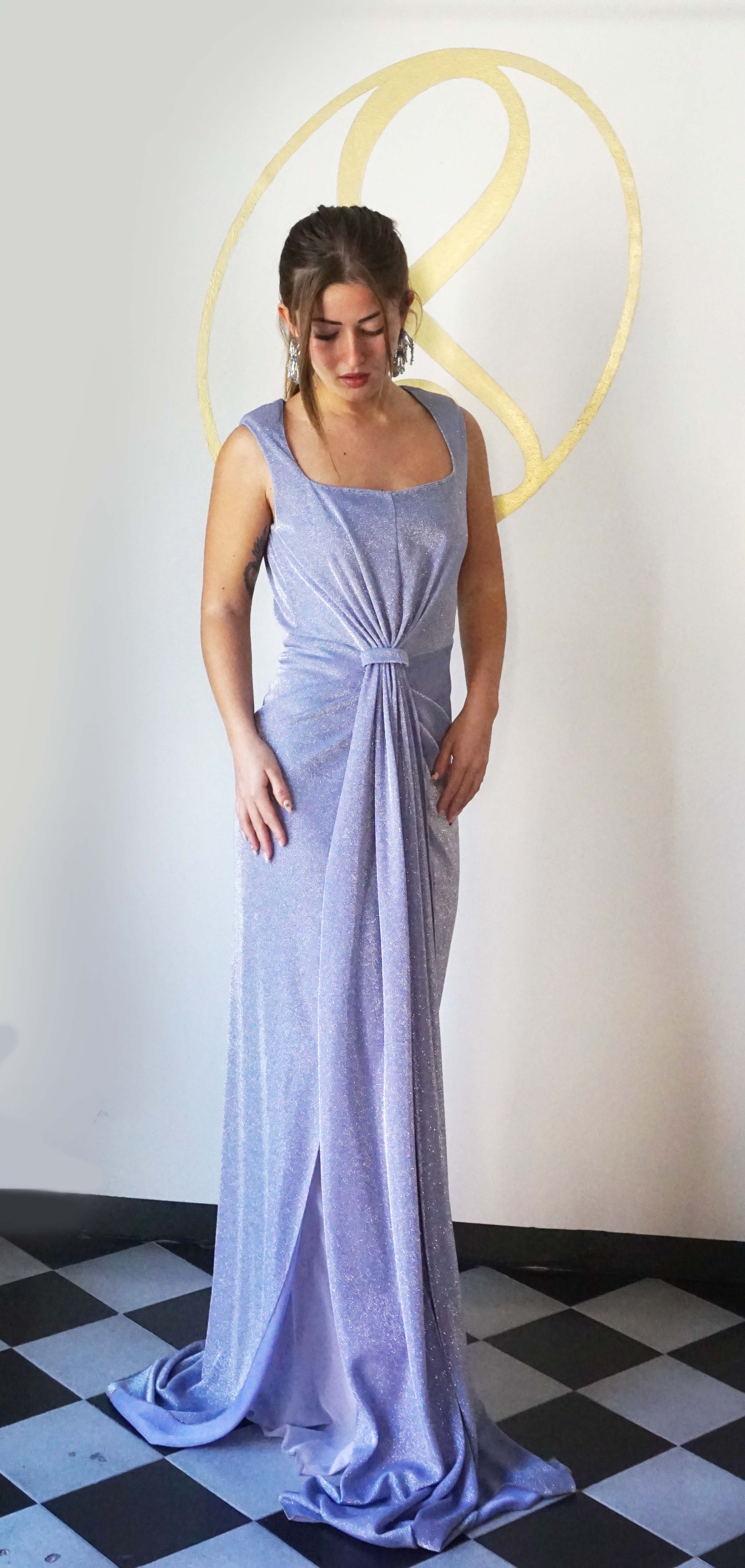 Abito lungo Drappeggiato da Cerimonia color Glicine in Maglina di lurex con Spacco