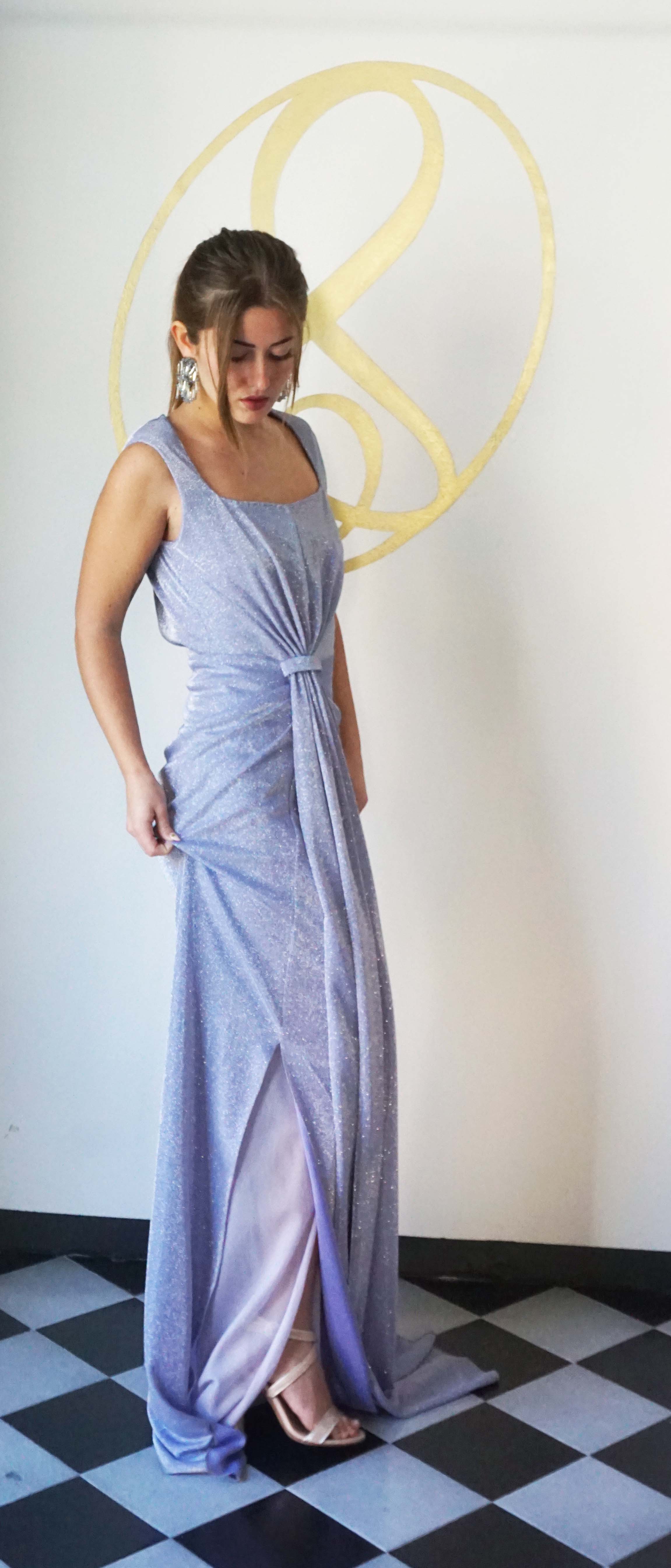 Abito lungo Drappeggiato da Cerimonia color Glicine in Maglina di lurex con Spacco