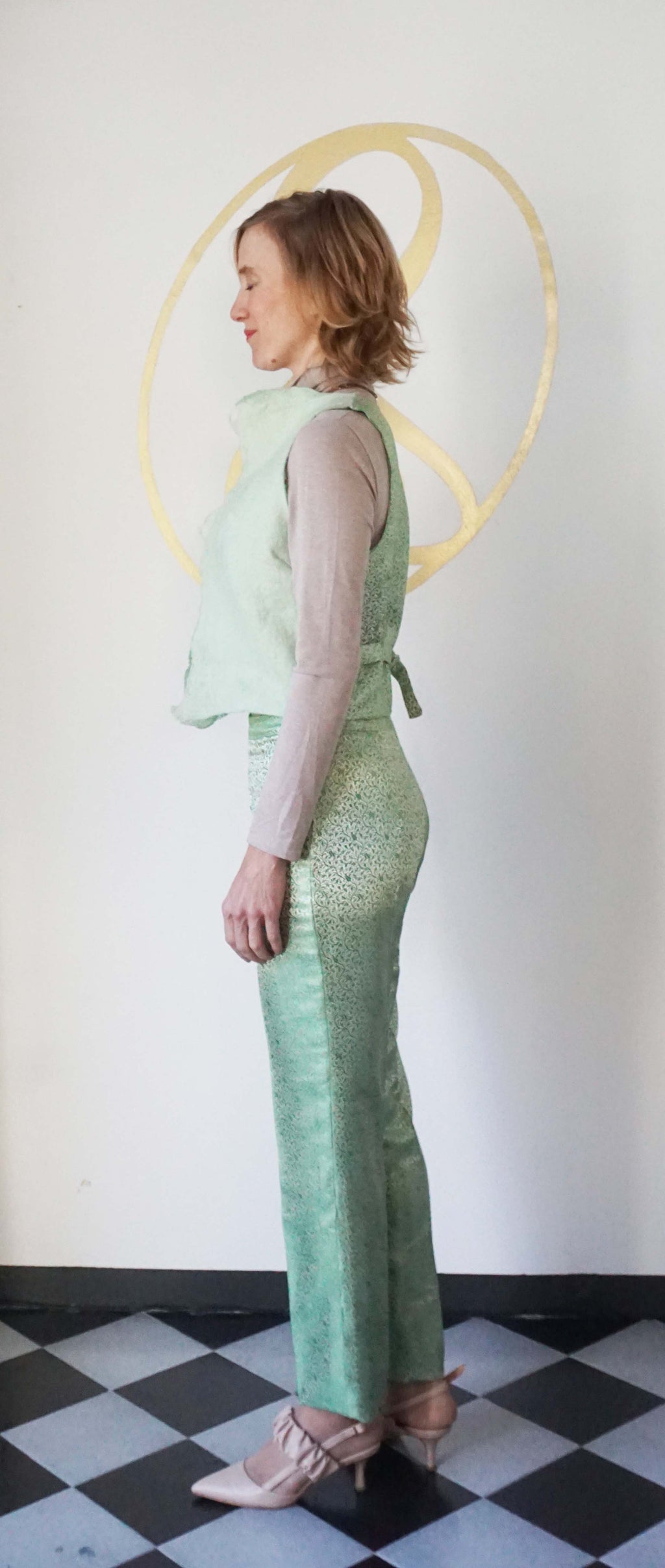 Completo Artigianale Gilet e Pantaloni Verde menta chiaro in Raso e Feltro
